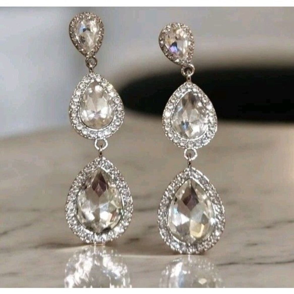 Silver Tone Earrings Crystal Teardrop Dangle 3 Tier Statement Pierced Glam